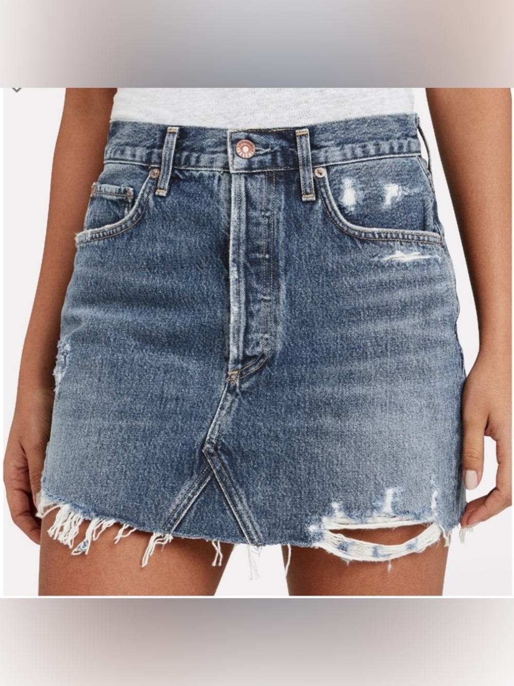 Denim Mini Skirt - Blue Distressed. High waisted